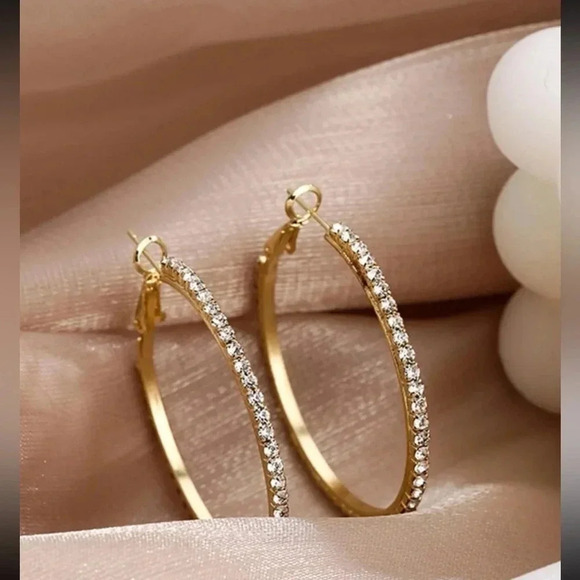 Large Gold Hoops Earrings For Women Gold color with faux diamonds around - Picture 3 of 6